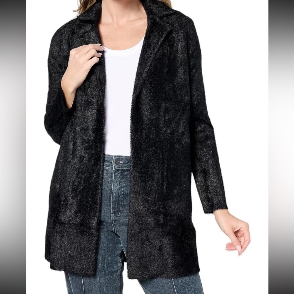 Liverpool LA Cardigan Sweater Coat Open Front Plush Car Coat Black Furry Cozy L